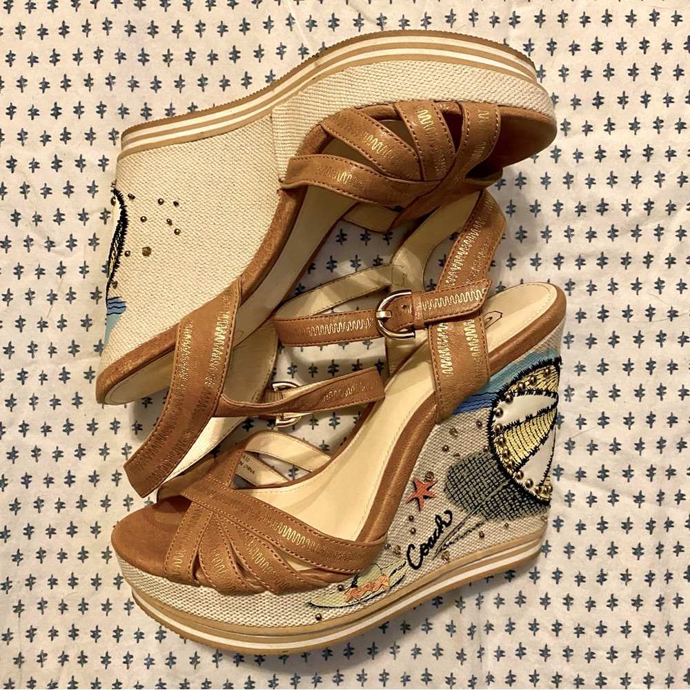 Coach: Caroline Strappy Wedges Sandals BEACH theme- tan leather straps- 6 B